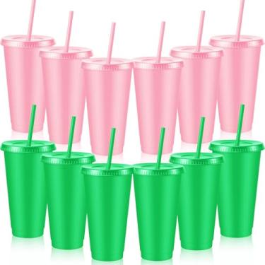 Imagem de Skylety Pacote com 12 copos rosa e verde com canudo e tampa a granel 680 g copos de plástico reutilizáveis para bebidas geladas para lembrancinhas de festa, aniversários, suprimentos de decoração