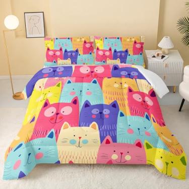 Imagem de QOOMO Conjunto de edredom de desenho animado de gato, animais kawaii, adequado para decoração de quarto de meninas e meninos, tamanho casal com 1 edredom e 2 fronhas