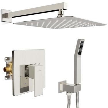 Imagem de SR SUN RISE Conjunto De Torneira Chuveiro - Chuva 12 Polegadas E Alça Para Banheiro, Sistema Montado Na Parede, Níquel Escovado Válvula Mistura Com Pressão Balanceada