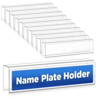 Imagem de Wonderjune Suporte de placa de nome de cubo de plástico com 10 unidades, 21,6 cm de largura x 5 cm de altura, suporte de placa de nome de parede de acrílico transparente para escritório em casa