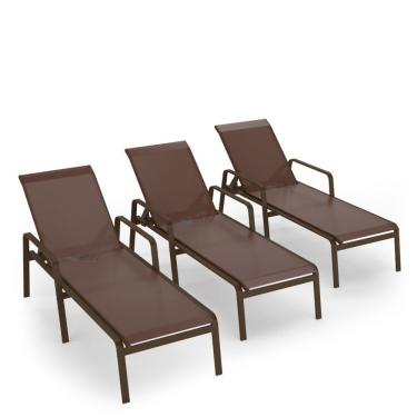 Imagem de Kit 3 Espreguiçadeira Piscina Alumínio Marrom Tela Marrom