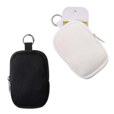 Imagem de uekeboag 2 peças pequena bolsa macia de neoprene com zíper, mini bolsa de maquiagem portátil, acessório de moda com gancho de pressão, bolsa de moedas, batom, organizador de viagem cosmético, Preto e