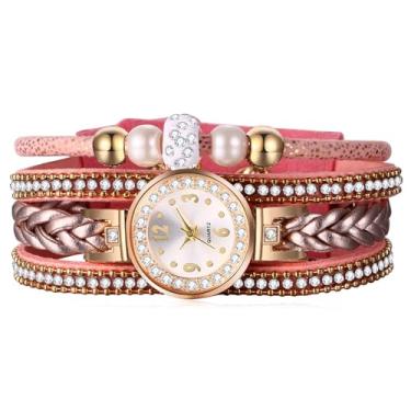 Imagem de JewelryWe Relógio feminino de couro boêmio: relógio de pulseira casual de quartzo trançado trançado multicamadas, rosa, relógio de embrulho