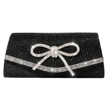 Imagem de SH Bolsa clutch com glitter para mulheres elegante com laço para noite e festa de casamento, coquetel, formatura, strass, Clutch preta, 8.8" L x 3.9" H x 2" W