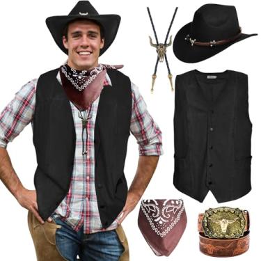 Imagem de 5 Pcs Western Cowboy Costume Men Suede Leather Vest Hat Necktie Belt Paisley Bandana for Halloween Cosplay (Black, XL)