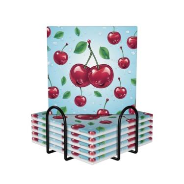 Imagem de Porta-copos para bebidas, conjunto de 6 porta-copos redondos absorventes de cerâmica antiderrapante com suporte e base de cortiça tapete de copo reutilizável porta-copos de cereja para tipos de xícara