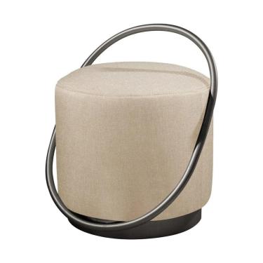 Imagem de Puff Redondo Lunar Em Linho E Base Metal Preto Linho Bege Claro