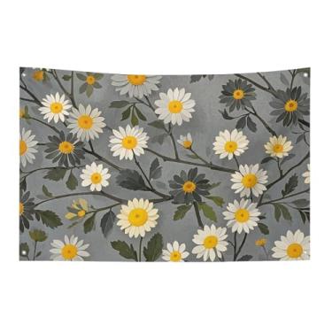 Imagem de Bandeira floral amarela e branca com quatro furos para decoração de parede bandeira de parede para dormitório bar bandeiras de festa ao ar livre 60 x 90 cm