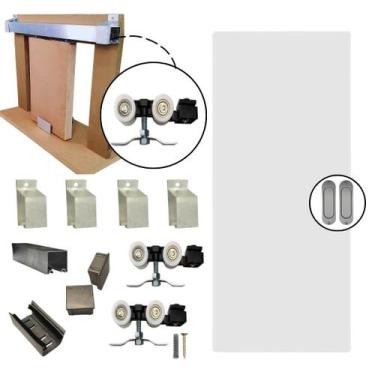 Imagem de Kit Porta Madeira 0,60x2,10m Primer + Trilho Correr 1,20m Natural + Br