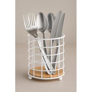 Imagem de Porta Talher Redondo Escorredor Aramado Metal Madeira Design Moderno