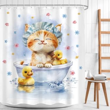 Imagem de Mitpok Cortina de chuveiro de gato fofo 60Lx72H adorável gatinho engraçado crianças meninas animais patos de borracha na banheira bolha decoração de banheiro aquarela divertida banho berçário cortina
