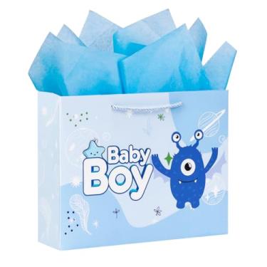 Imagem de Ssyuysto Bolsa de presente para bebês meninos para chá de bebê, aniversário, revelação de gênero, lembrancinhas de festa, suprimentos de decoração, design azul monstro bebê com alças