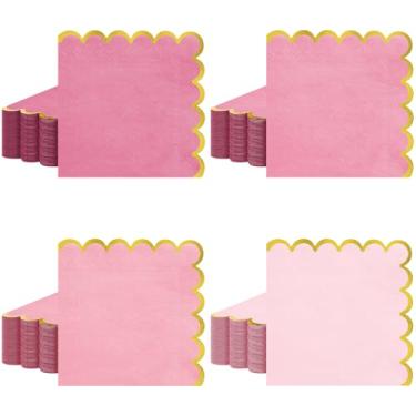 Imagem de Pacote com 100 guardanapos de coquetel rosa - guardanapos de jantar descartáveis de 12 cm com bordas recortadas douradas, guardanapo de papel elegante para bebidas para casamento, chá de bebê, chá de