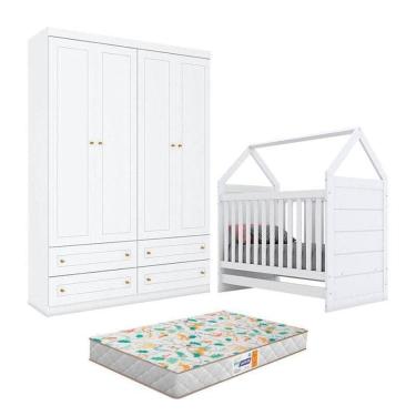 Imagem de Berço Montessoriano E Guarda Roupa Infantil Americano 4 Portas Branco Com Colchão Gazin - Henn