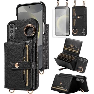 Imagem de Furiet Capa carteira para Samsung Galaxy S24 FE 5G com tela de vidro temperado alça de ombro anel fivela flip bolsa de órgão, capa de telefone com suporte de cartão de couro PU de luxo para S 24 EF AI