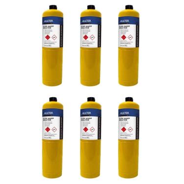 Imagem de Kit 6 Unidades Cartucho Gás Mapp para Maçarico ONU1077 Classe 2.1 Propileno Hulter HT6MAP400GRRC 400g