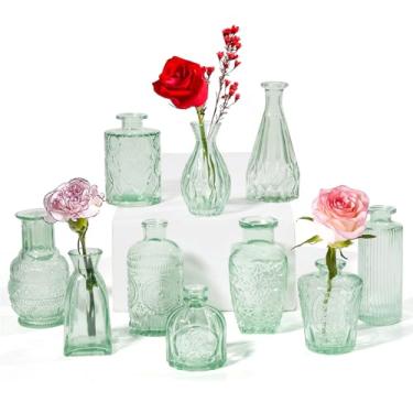 Imagem de PURVONNIE Conjunto de 10 vasos de vidro pequenos vintage, mini vasos de botão para flores, vasos de vidro âmbar para centros de mesa, decorações de casamento, decoração de flores de mesa para casa