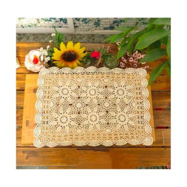 Imagem de golo Toalha de mesa de renda de crochê feita à mão de algodão com sobreposição bege, redonda, 40 x 60 cm