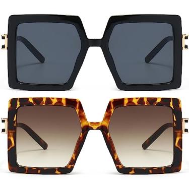 Imagem de AIEYEZO Óculos De Sol Grandes Femininos, Armação Grande E Quadrada, Proteção Uv400 (Preto + Oncinha)