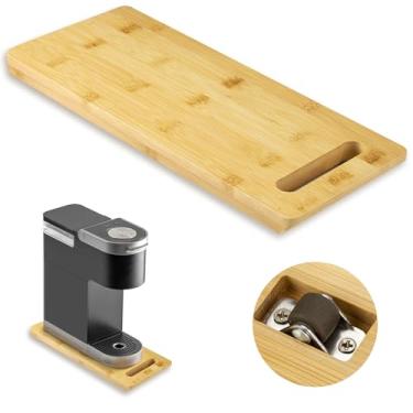Imagem de Deslizador de eletrodomésticos de bambu, bandeja deslizante para cafeteira, bandeja de enrolar eletrodomésticos de bancada de cozinha, bandeja deslizante de panela de café com rodas de borracha