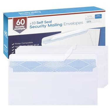 Imagem de Envelopes nº 10 60 unidades, tamanho carta, autovedação, envelopes comerciais, sem janela, envelopes de correio de segurança, tamanho 10,8 x 23,5 cm - papel branco de 11 kg