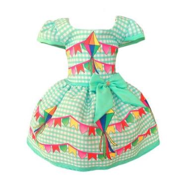 Imagem de Vestido Luxo Temático Infantil Festa Junina Xadrez Verde - Genérica, 4