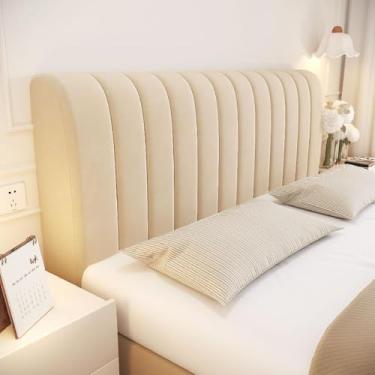 Imagem de Capa De Cabeceira De Cama Elástica Fácil De Encaixar Capa De Cabeceira De Cama Com Listras Verticais Design All-inclusive Capa Protetora à Prova De Poeira, Beige, 210cm
