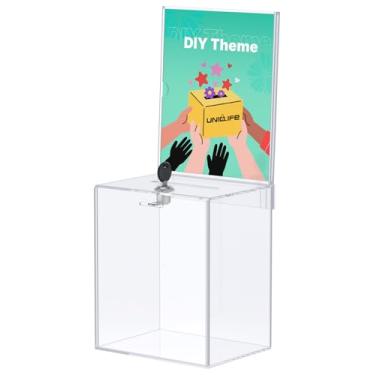 Imagem de Uniclife Caixa de doação de acrílico SAFETall para arrecadação de fundos, caixa de sugestões transparente com compartimento e fechadura, urna com suporte de placa, recipiente de armazenamento de
