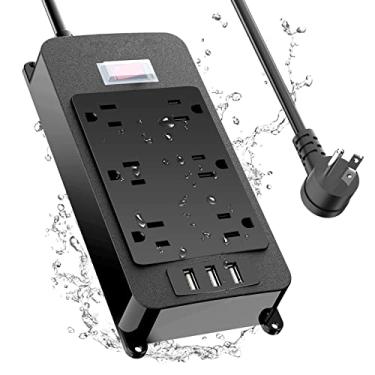 Imagem de Régua elétrica externa à prova de intempéries com 3 portas USB, protetor contra sobretensão ao ar livre, impermeável, 6 tomadas, cabo de extensão de 1,8 m, proteção contra sobrecarga, montável para