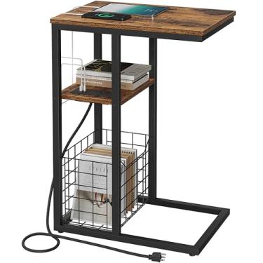 Imagem de Vagusicc Mesa de canto em forma de C com estação de carregamento, mesa lateral para sofá, mesa lateral pequena para espaços pequenos, mesa de sofá de 71 cm de altura para café, bandeja de TV para sala