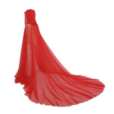 Imagem de Capa feminina de tule para casamento, capa com capuz, poncho de Halloween, comprimento total, casamento, cosplay, vestido de noiva, roupão com cauda longa (vermelho)