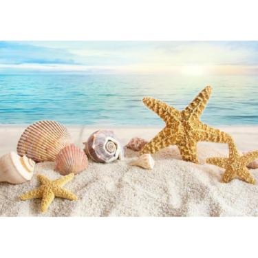 Imagem de Yeele 2,1 x 1,5 m Fundo de praia tropical de verão, areia, estrela-do-mar, concha, litoral, céu azul, cenário do mar, para fotografia, Havaí, luau, decoração de festa, crianças, adultos, retratos e