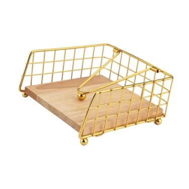 Imagem de FytStycale Porta-guardanapos plano, dispensador de guardanapos, suporte de papel quadrado de ferro, base de madeira para mesa de jantar de casamento, Ouro