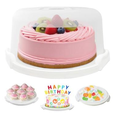 Imagem de Slomg Porta-bolos de plástico branco com tampa e alça, suporte multiuso 4 em 1 para bolo de 28 cm, caixa redonda portátil de armazenamento de sobremesas com tampa para torta, pizza, ovos, frutas e