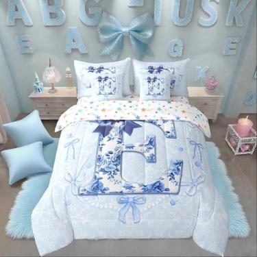Imagem de Erosebridal Jogo de cama casal com laço floral azul, 7 peças, coquete 3D, inicial E, para crianças, adolescentes, meninas, conjunto de edredom com laço e laço com lençóis, aquarela, estética, azul