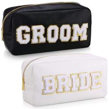 Imagem de Bolsa de maquiagem Oudain Bride and Groom em couro PU branca, 2 unidad