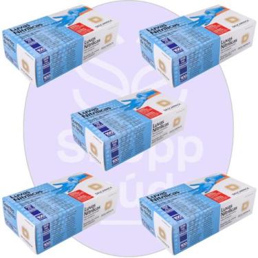 Imagem de Kit 05 Luva Descartável Nitrílica Sem Pó Azul M Descarpack