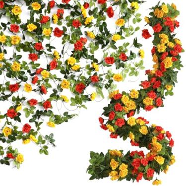 Imagem de Floweroyal Pacote com 6 guirlandas de flores artificiais de 15,8 m, trepadeiras de rosas falsas, flores de seda, hera rosa, para decoração de parede de casamento, arco e festa de jardim (laranja e