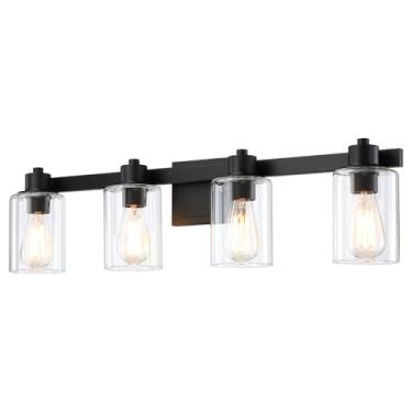 Imagem de Luminária de banheiro preta grande de 80 cm - 4 arandelas de parede com sombra de vidro transparente, luminárias de banheiro de fazenda sobre espelho para sala de estar, vestiário, corredor. BD021-4