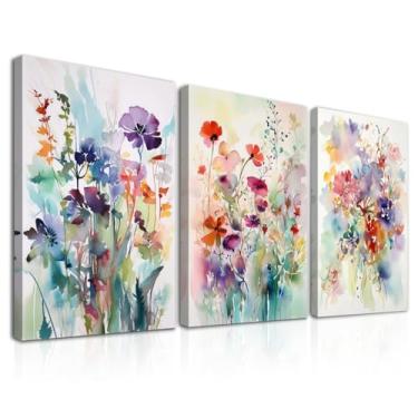 Imagem de Dazzlewall 3Pcs Quadro de Arte de Parede de Flores Em Aquarela Moderna Impressões de Flores Silvestres, Fotos Botânicas Coloridas de Parede para Quarto Banheiro Sala de Estar 12x16 polegada