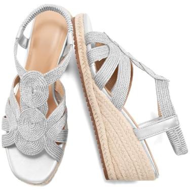 Imagem de HARENCE Sandálias de cunha para mulheres alpargatas: plataforma confortável com tira elástica no tornozelo, salto cunha, elegante, bico aberto, sapatos de casamento de verão, Prata, 38