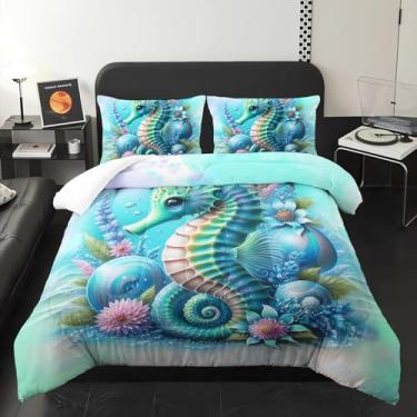 Imagem de XYNHML Jogo de cama com tema de cavalo marinho verde, 3 peças, estampa de animais do oceano azul para crianças, adolescentes, meninas, adultos, concha, mar, mundo subaquático, decoração de cama com 1