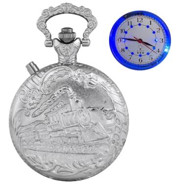 Imagem de Relógio de bolso masculino de quartzo com lente de locomotiva direita, prata, LED, mostrador numeral arábico, quartzo, relógio de bolso com corrente