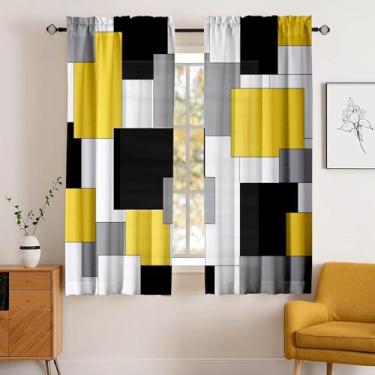 Imagem de Cortinas geométricas amarelas e pretas, comprimento moderno, 106 cm L x 150 cm C, cinza, abstrata, varão para quarto, cozinha, sala de estar, cortinas de janela, 2 painéis