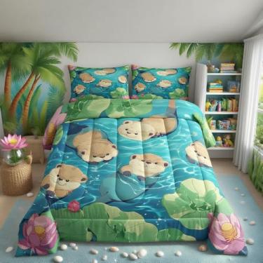 Imagem de Jogo de cama solteiro com desenho de lontra, flores e folhas de lótus, para decoração de quarto de meninos e meninas, edredom de plantas fofos, conjunto de edredom verde e marrom, 1 fronha