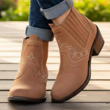 Imagem de Bota Country Feminina Cor Marrom Claro Bege Botina Couro Botinha Estil