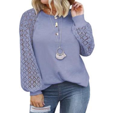 Imagem de Blusa feminina Eytino plus size de renda raglan com decote em V 1X azu