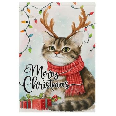Imagem de Merry Christmas Bandeira de casa de gato 71 x 101 cm dupla face fora de Natal rena gatinho inverno sazonal quintal bandeira exterior bandeira para jardim, gramado, pátio, decorações de férias