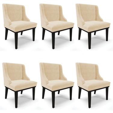 Imagem de Kit 6 Cadeiras Estofadas para Sala de Jantar Base Fixa de Madeira Preto Lia Suede Bege - Ibiza