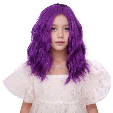 Imagem de Edivd Peruca Roxa Escura Para Meninas, Curta, Com Repartição Lateral, Infantil, Cacheada, Ondulada, Sintética Resistente Ao Calor, Touca